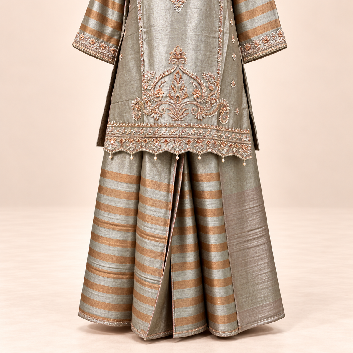 Golden Raw Silk Embroidered Palazzo Salwar Set