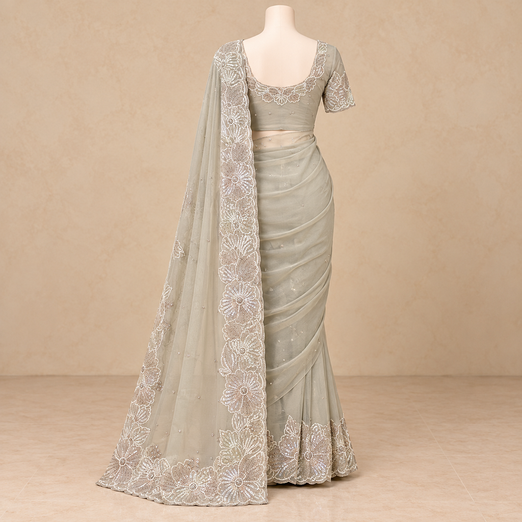 White Floral Thread Embroidery with Shimmering Embellishments and Intricate Floral Border Detailing