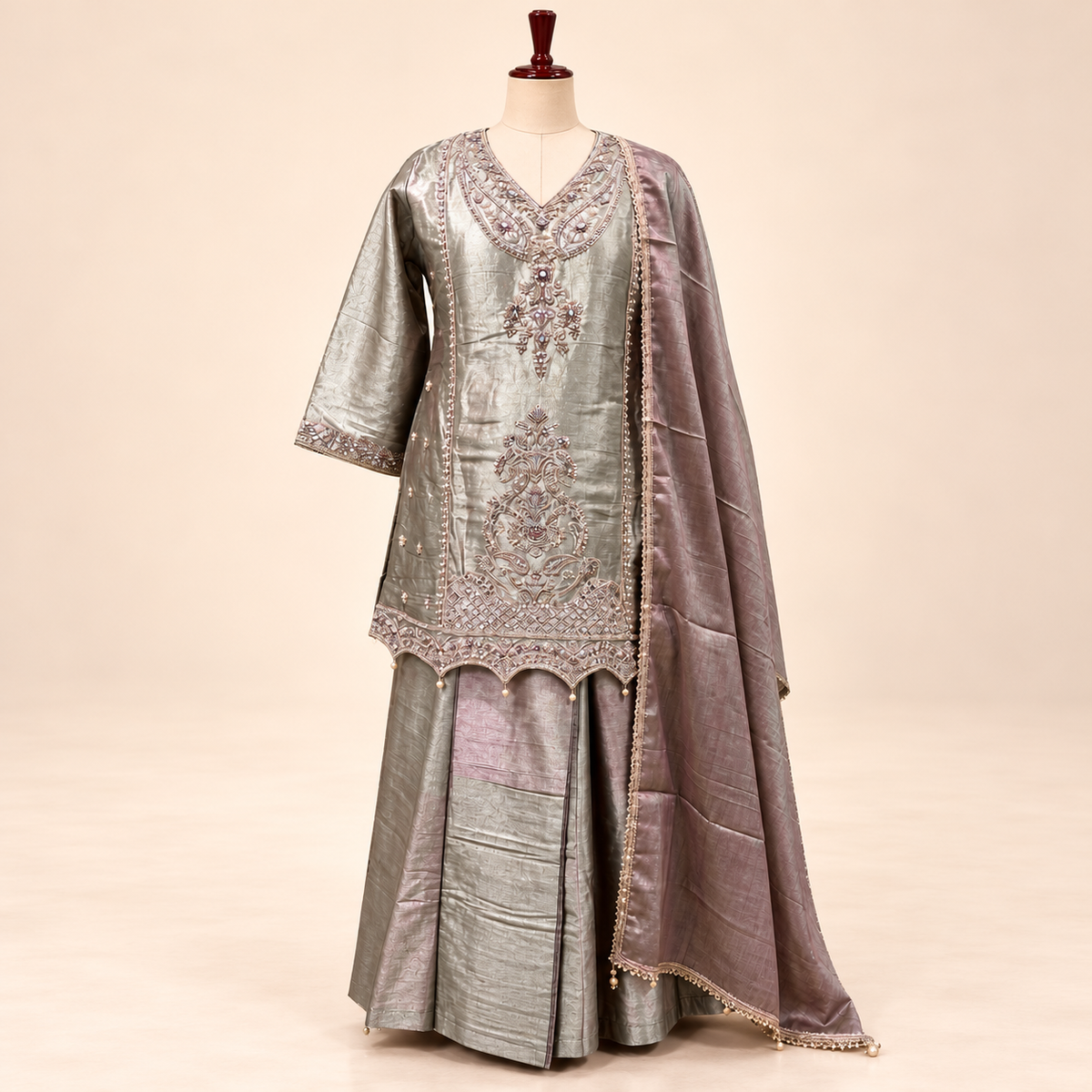 Golden Raw Silk Embroidered Palazzo Salwar Set