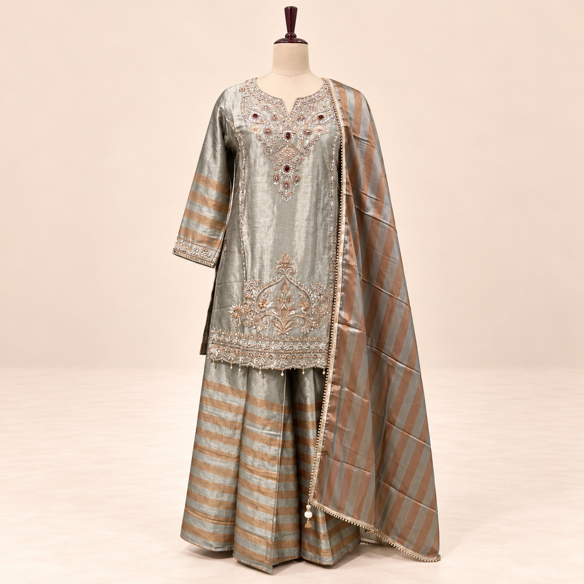 Golden Raw Silk Embroidered Palazzo Salwar Set