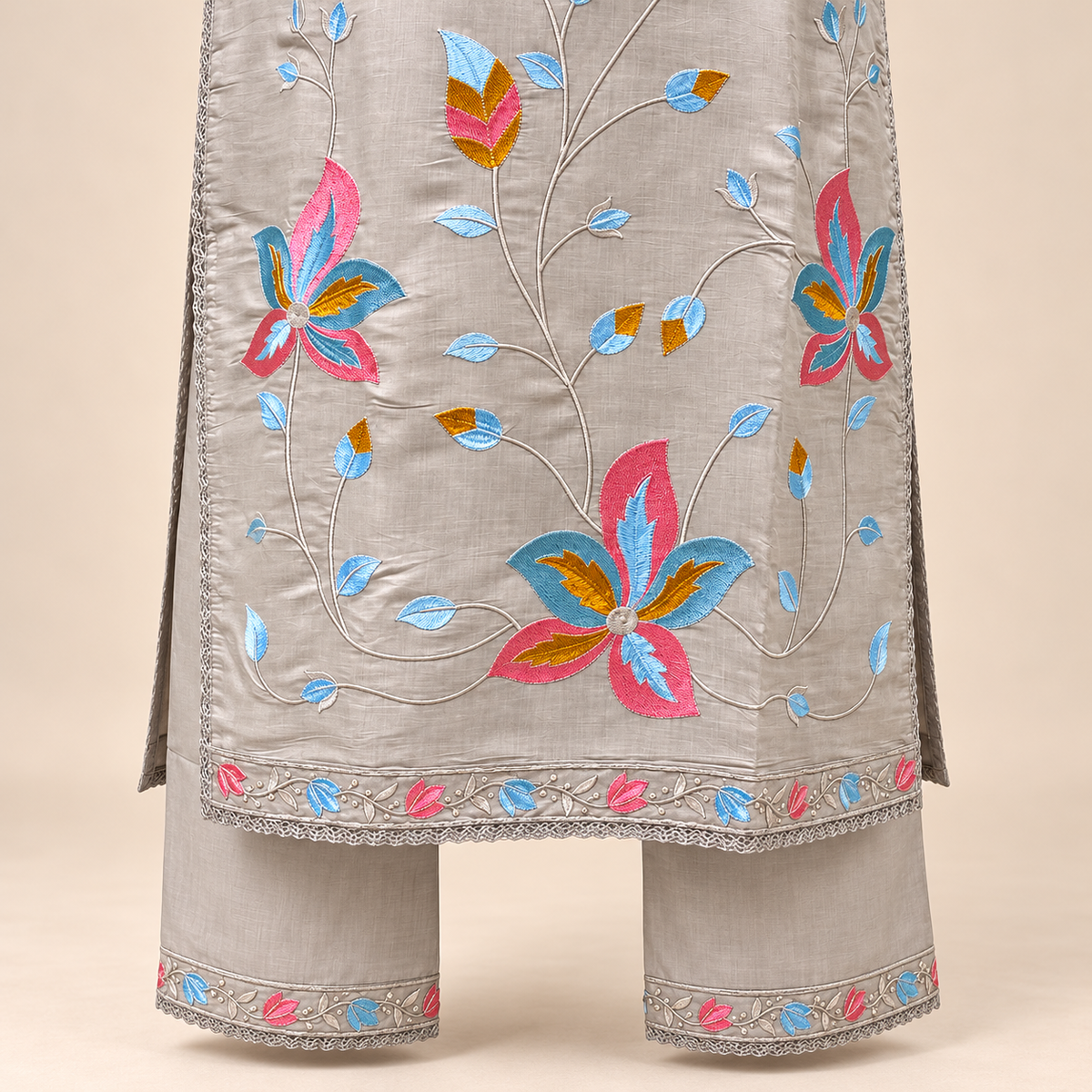 Grey Multicolour Floral Embroidered Cotton Straight Cut Salwar Suit Set with Dupatta