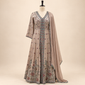 Light Brown Floral Embellished Shimmer Silk Front-Cut Anarkali Salwar Set with Dupatta