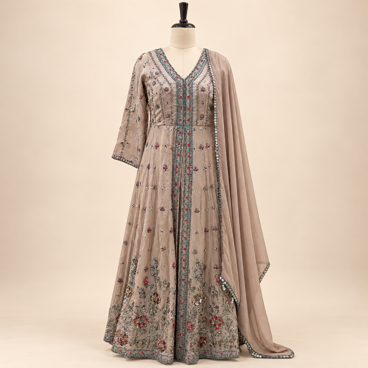 Light Brown Floral Embellished Shimmer Silk Front-Cut Anarkali Salwar Set with Dupatta