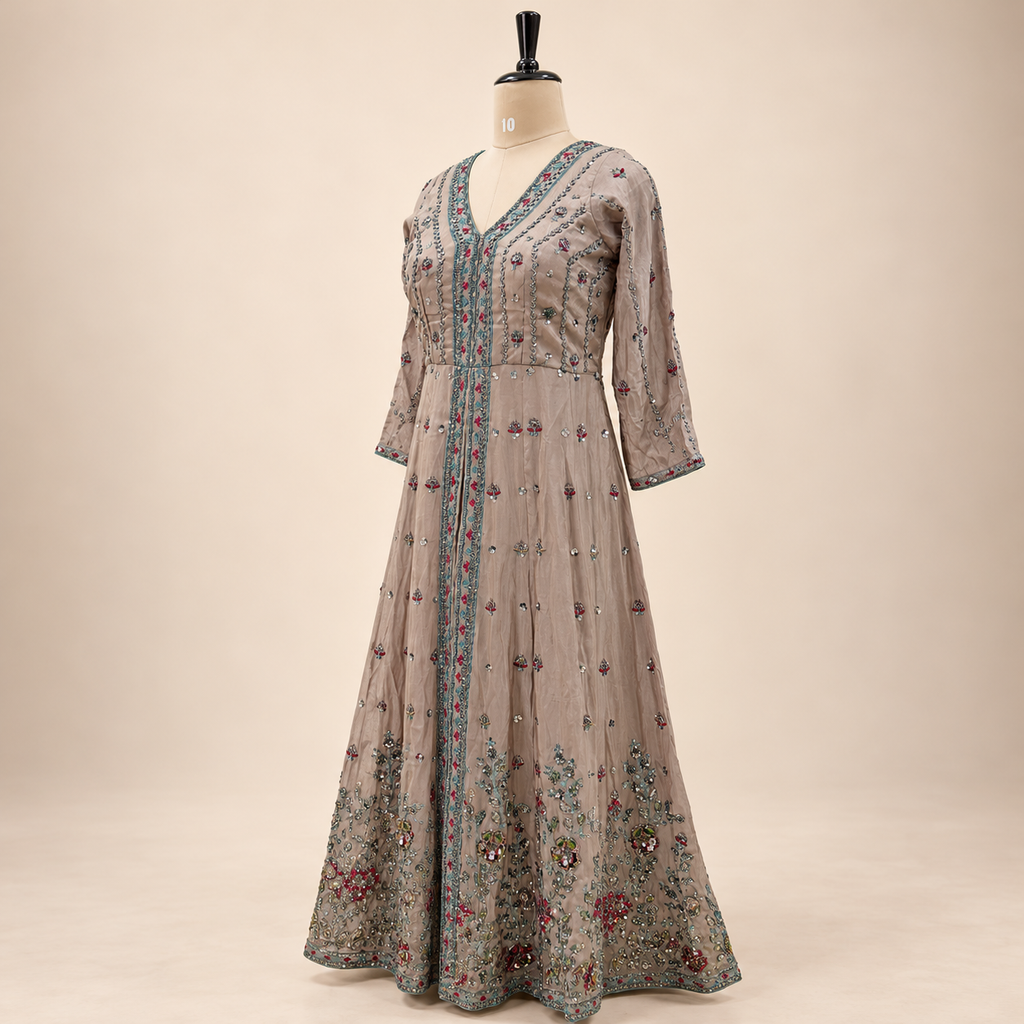 Light Brown Floral Embellished Shimmer Silk Front-Cut Anarkali Salwar Set with Dupatta