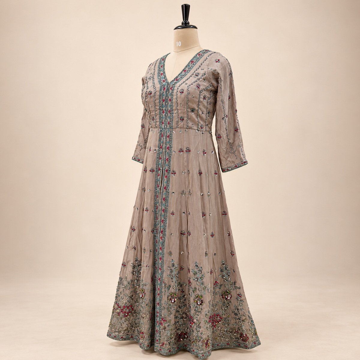 Light Brown Floral Embellished Shimmer Silk Front-Cut Anarkali Salwar Set with Dupatta
