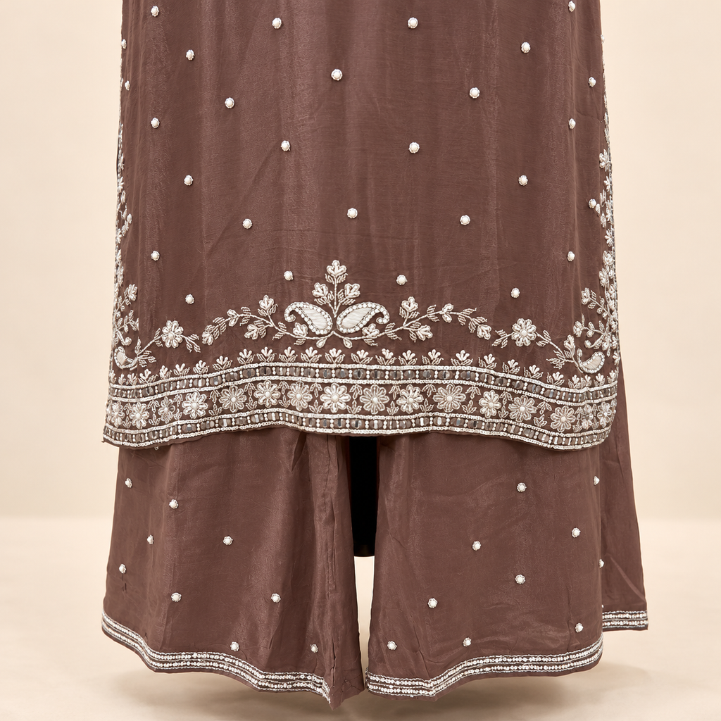 Mocha Brown Embroidered Chinon Straight-Cut Salwar Set with Dupatta