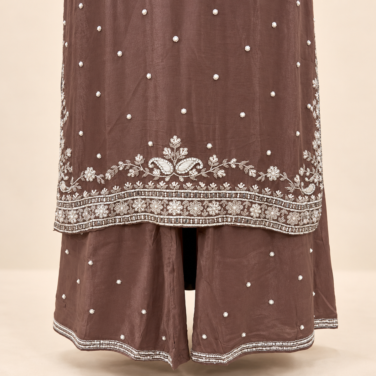 Mocha Brown Embroidered Chinon Straight-Cut Salwar Set with Dupatta
