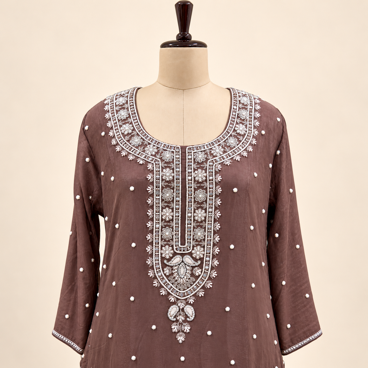 Mocha Brown Embroidered Chinon Straight-Cut Salwar Set with Dupatta