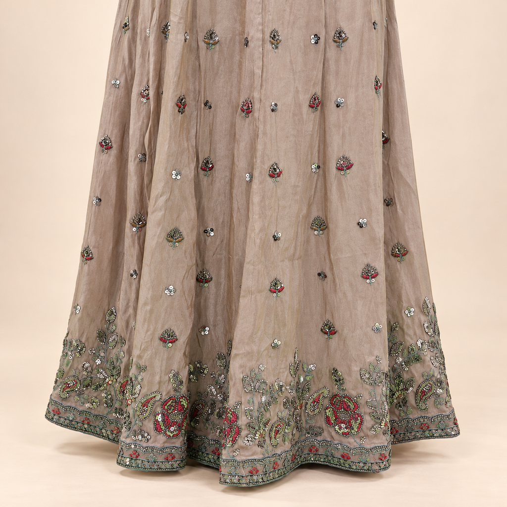 Light Brown Floral Embellished Shimmer Silk Front-Cut Anarkali Salwar Set with Dupatta