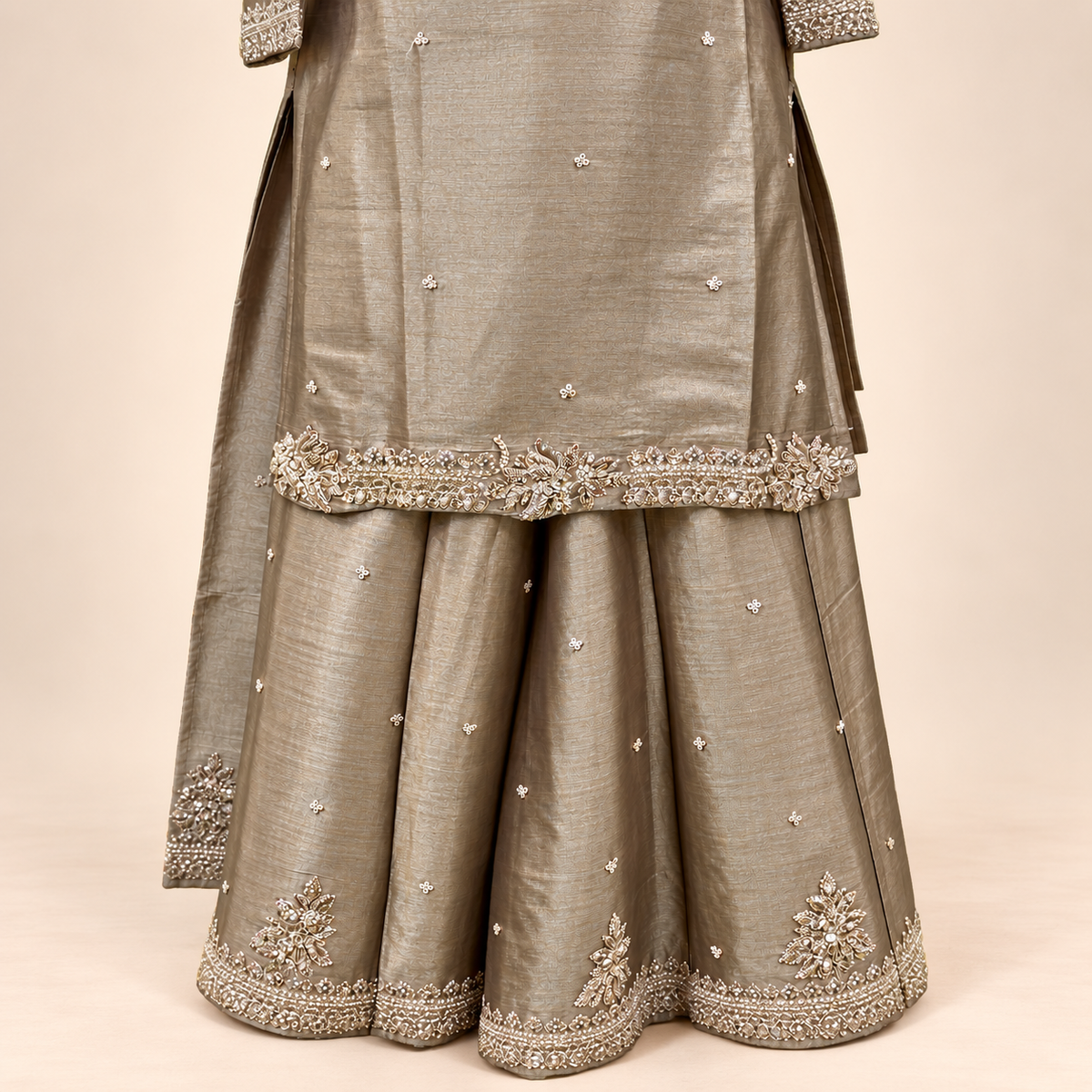 Beige Embellished Silk Salwar Suit with Dupatta