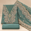 Elegant Green Raw Silk Embroidered Dress Material with Scalloped Dupatta