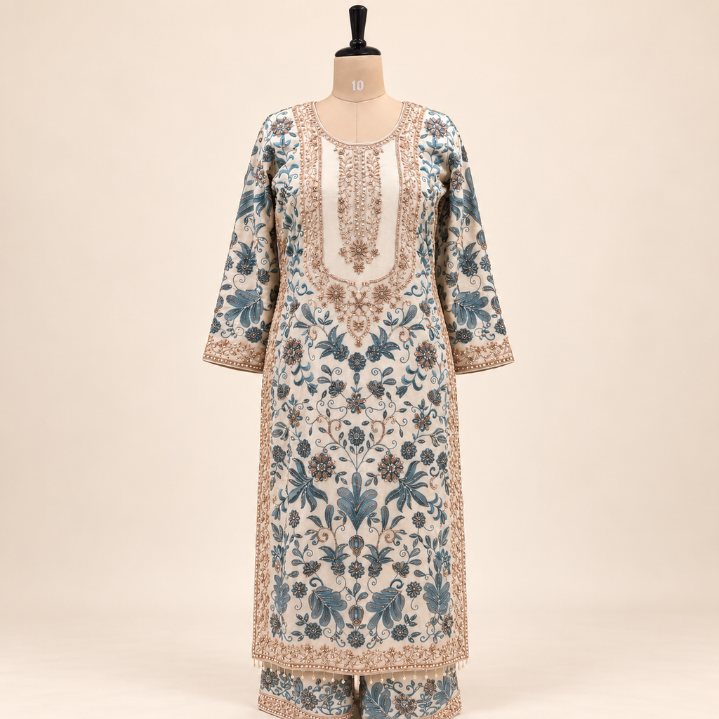 Cream &amp; Green Embellished Georgette Salwar
