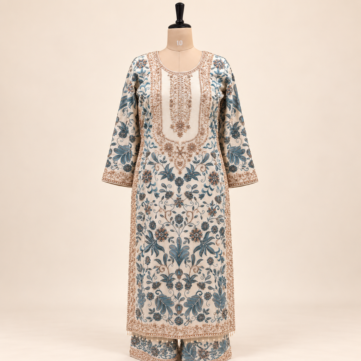 Cream &amp; Green Embellished Georgette Salwar