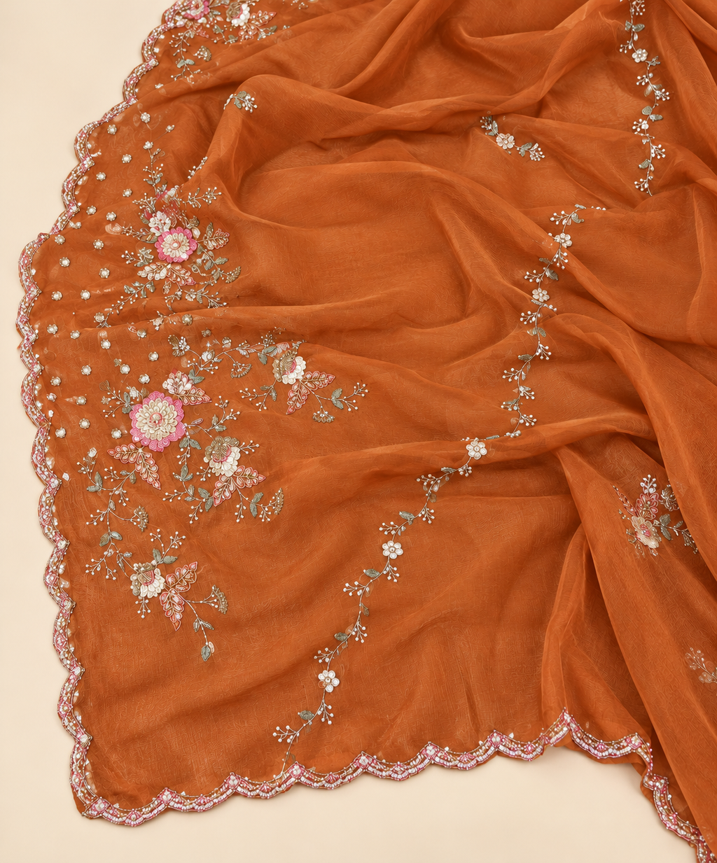 Elegant Peach Shimmer Dress Material with Delicate Floral Embroidery
