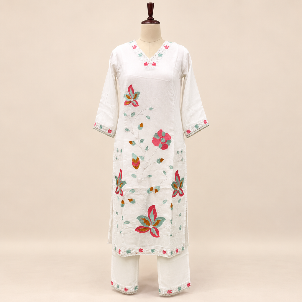 Multicolour Floral Embroidered Cotton Kurta Set with Dupatta