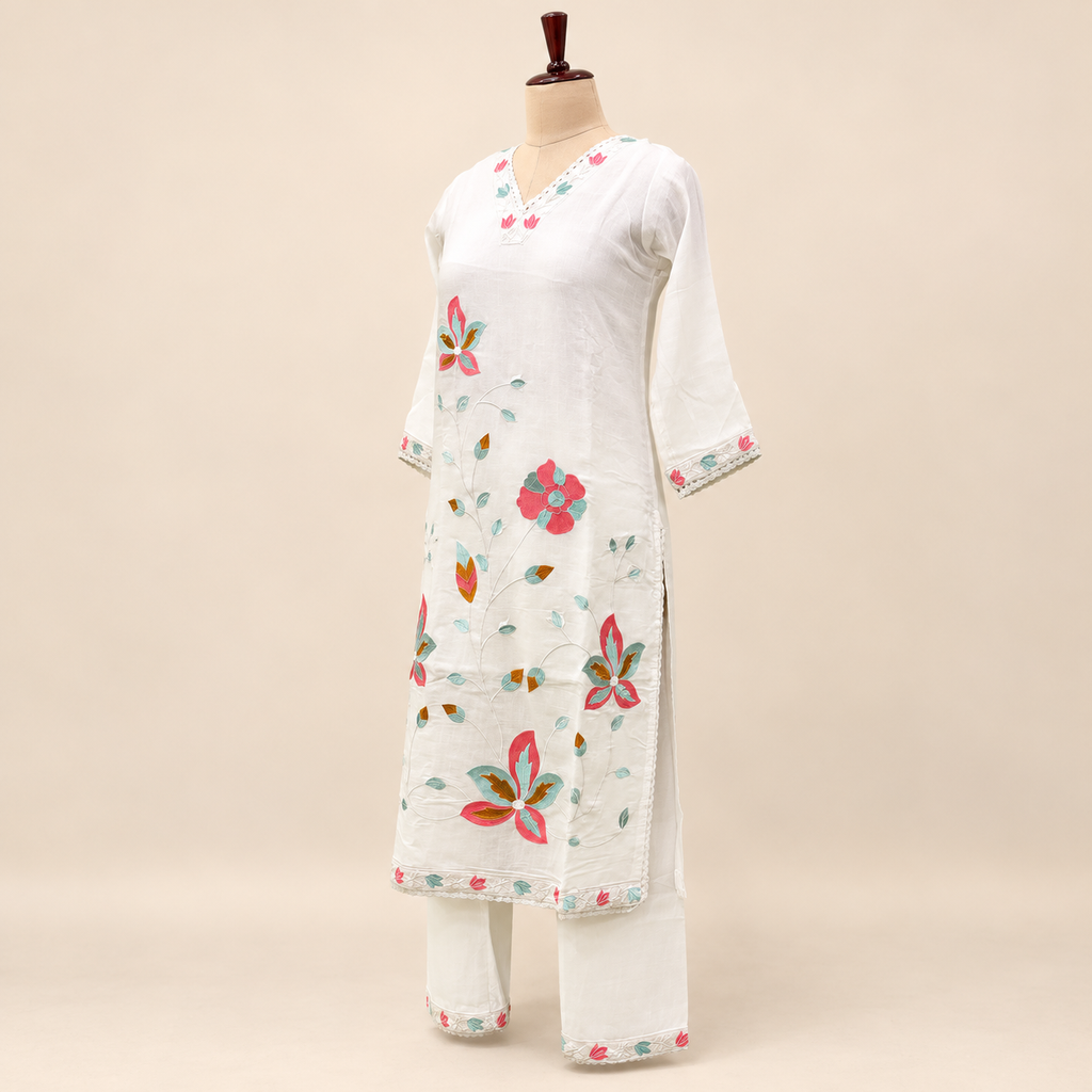 Multicolour Floral Embroidered Cotton Kurta Set with Dupatta