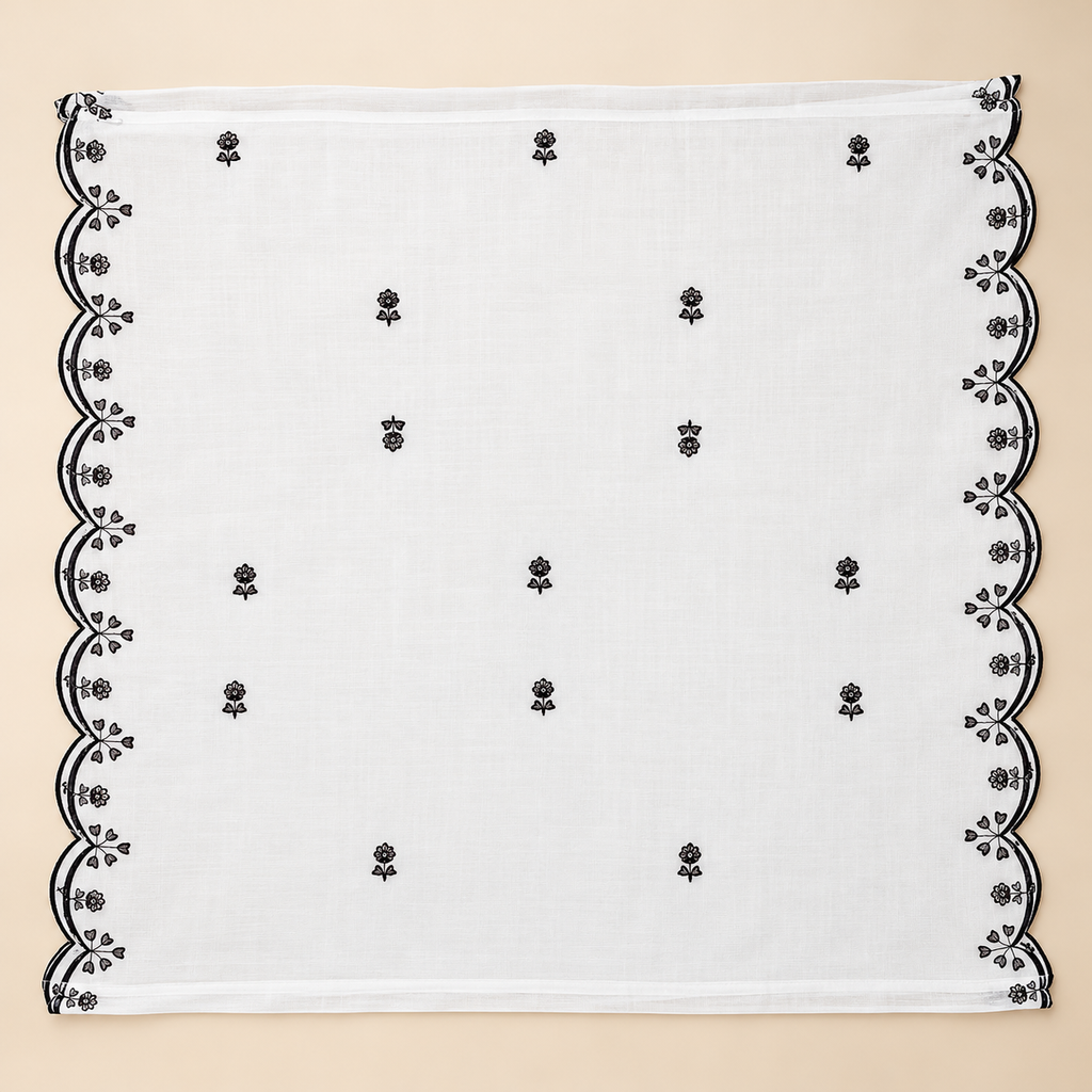 Elegant White Cotton Anarkali Set with Black Floral Embroidery