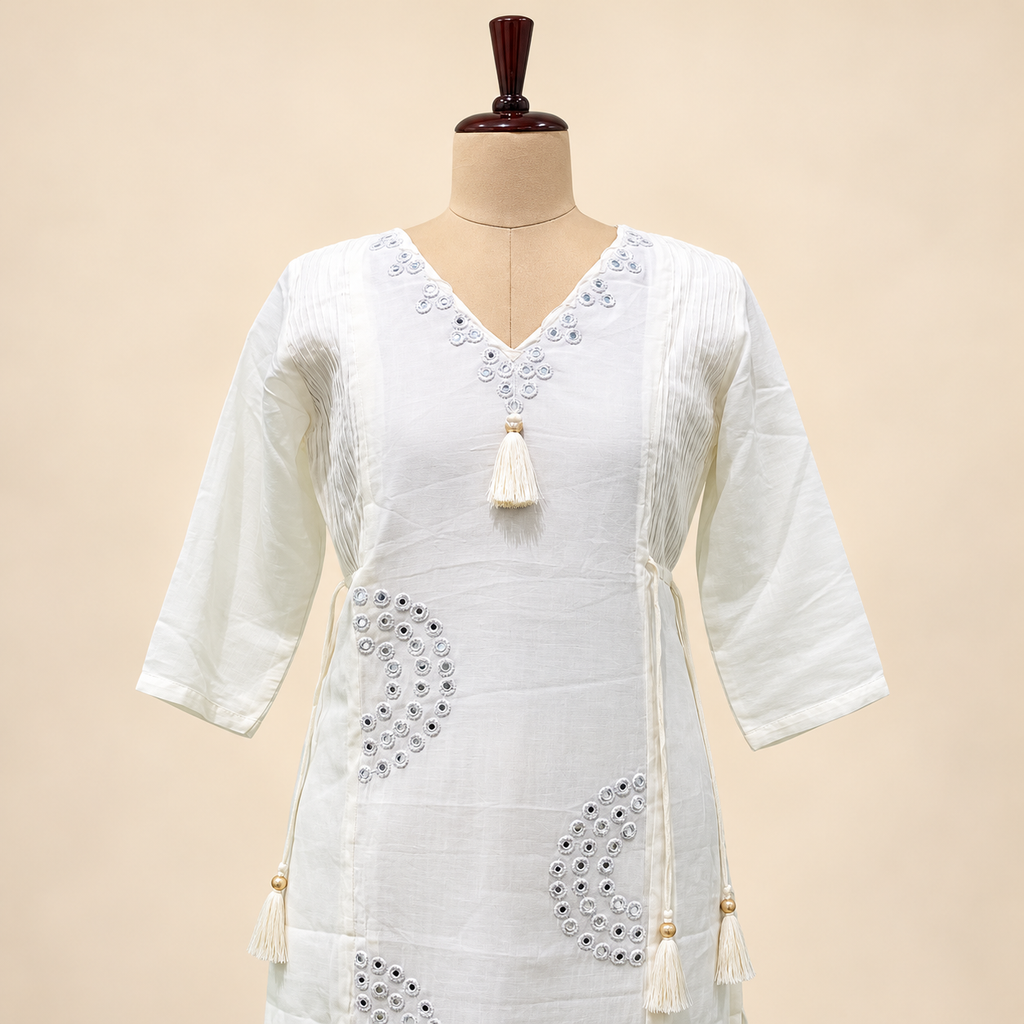 Multicolour Mirror Work Cotton Kurta Set with Palazzo and Dupatta