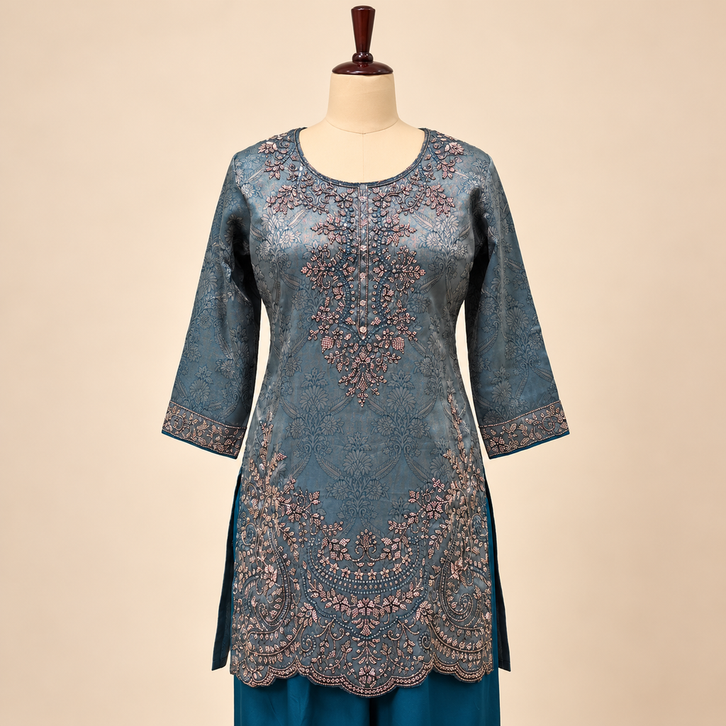 Green Silk Kurta Set with Floral Embroidery and Scalloped Hem