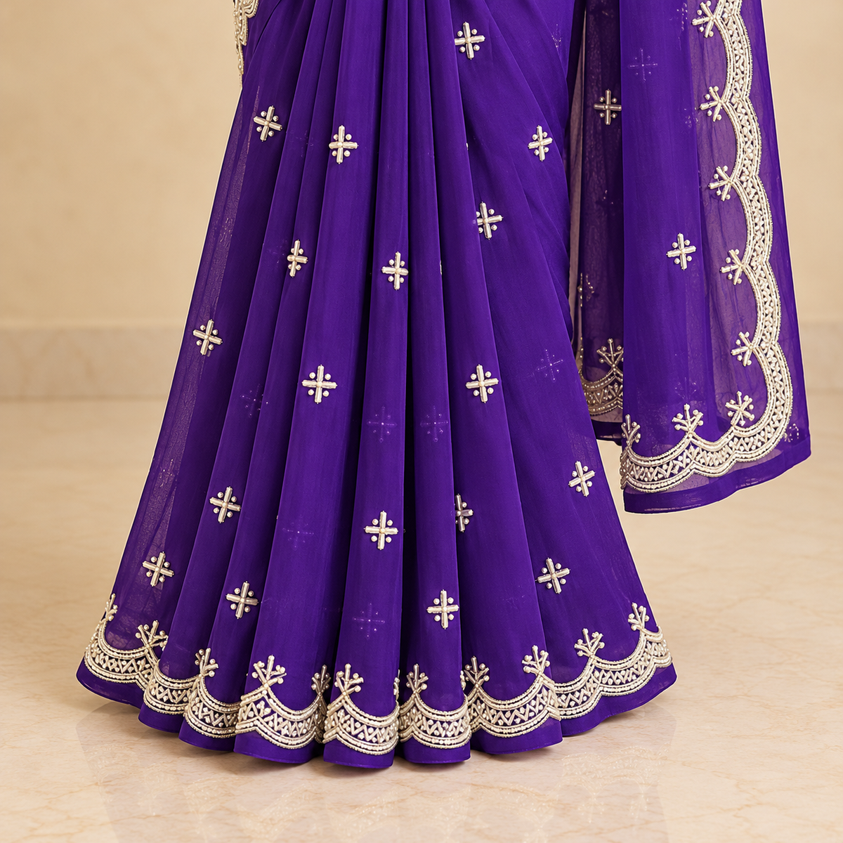Onion Soft Organza Saree with Silver Embroidery and Scalloped Border