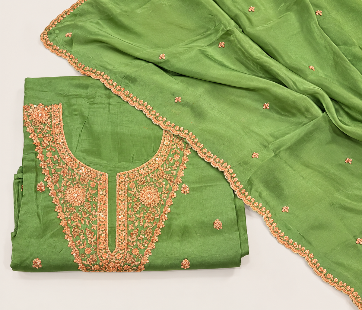 Olive Green Soft Silk Embroidered Unstitched Dress Material Set