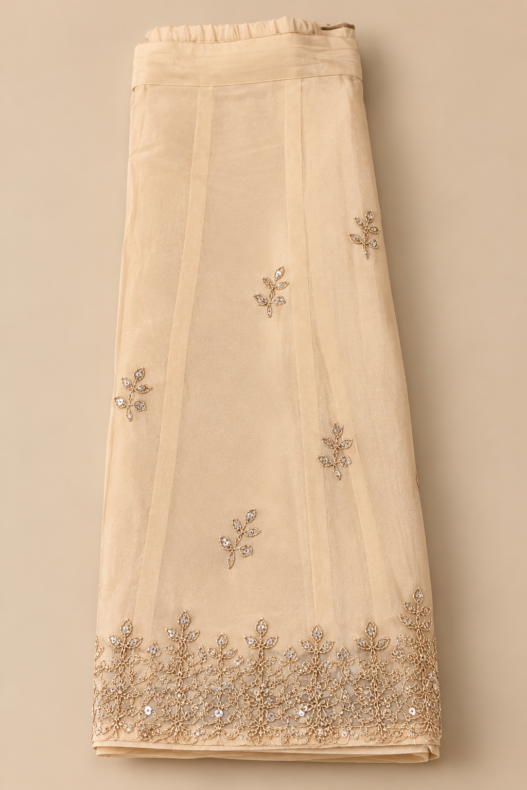 Elegant Cream Chinon Dress Material with Floral Embroidery and Scalloped Dupatta