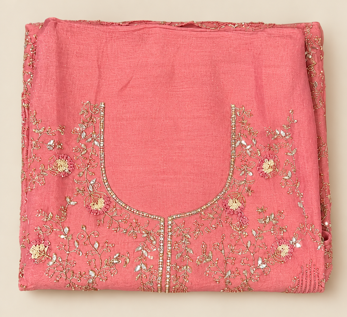 Coral Pink Organza Floral Embroidered Unstitched Dress Material Set