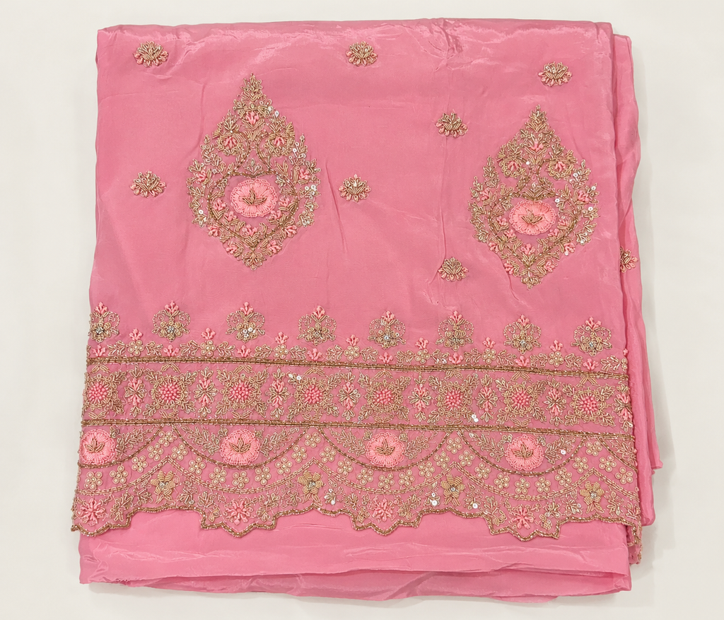 Rose Pink Crush Fabric Floral Embroidered Unstitched Dress Material Set