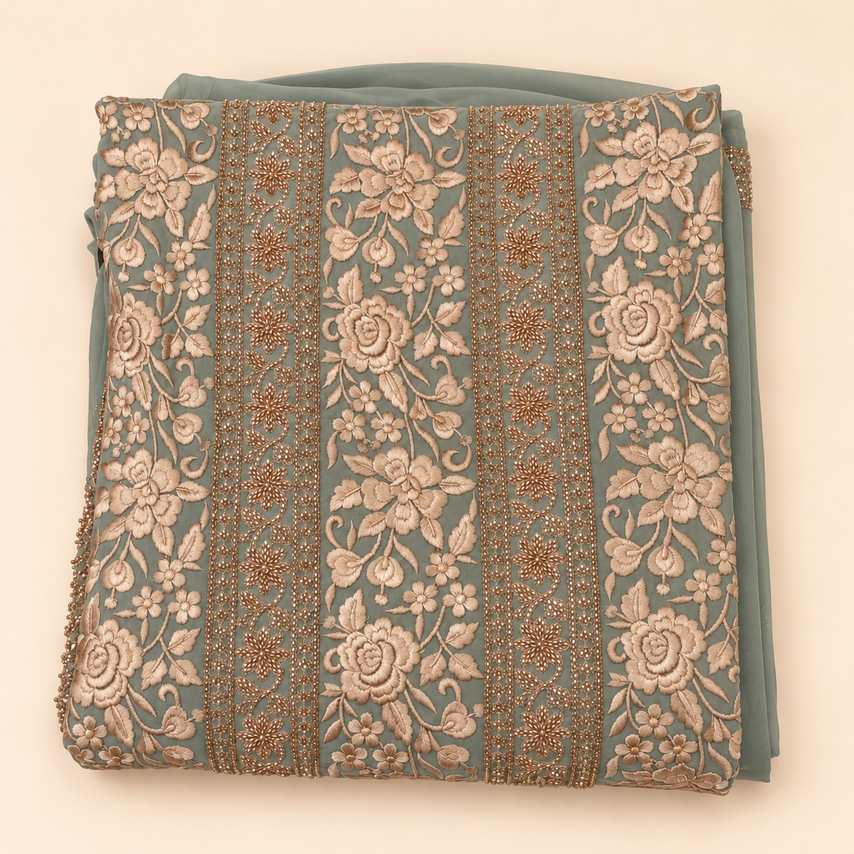 Sage Green Organza Floral Embroidered Unstitched Dress Material Set