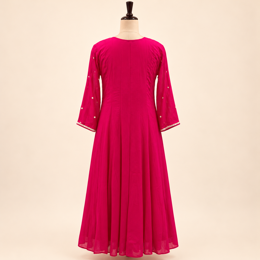 Rani Pink Floral Embroidered Chinon Anarkali Salwar Set with Dupatta