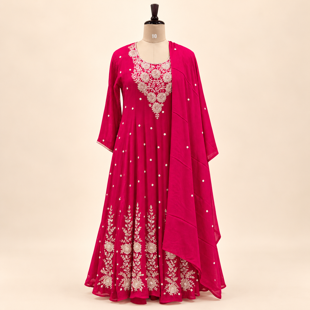 Rani Pink Floral Embroidered Chinon Anarkali Salwar Set with Dupatta