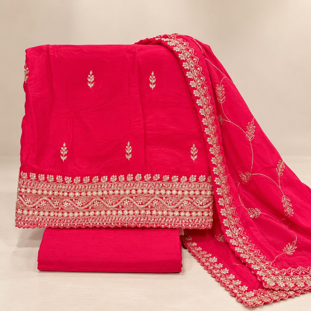 Multicolour Crepe Gold Embroidered Unstitched Dress Material Set