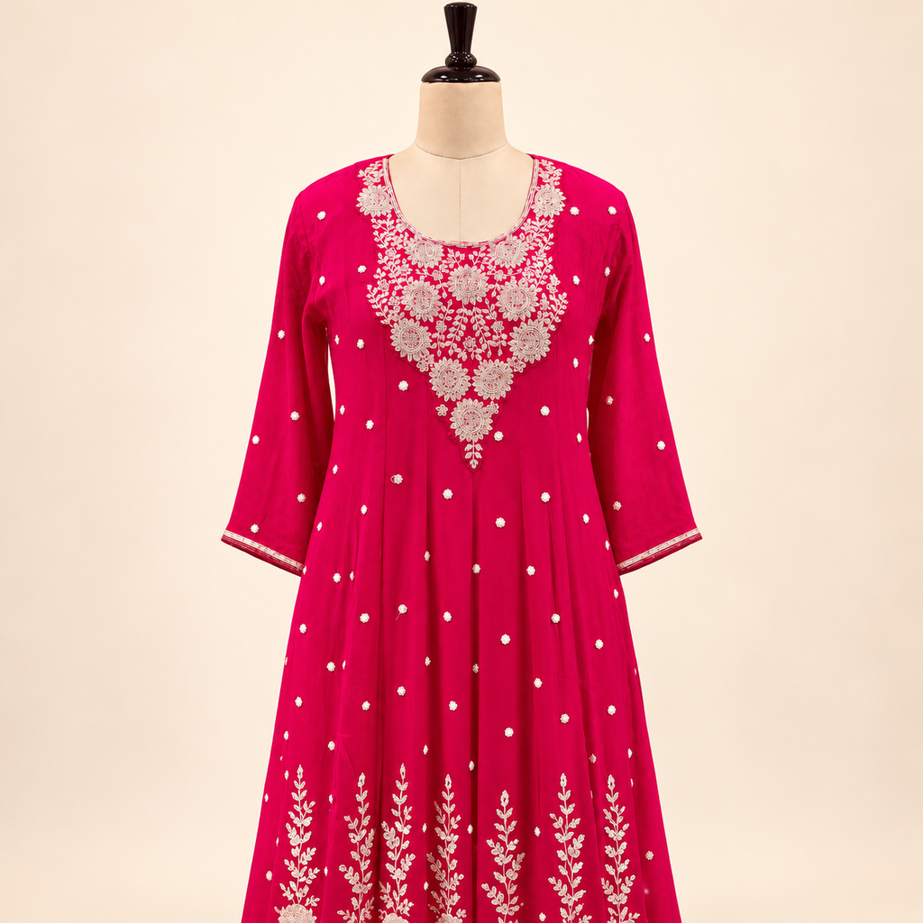 Rani Pink Floral Embroidered Chinon Anarkali Salwar Set with Dupatta
