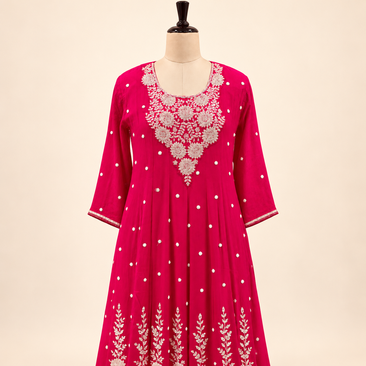 Rani Pink Floral Embroidered Chinon Anarkali Salwar Set with Dupatta