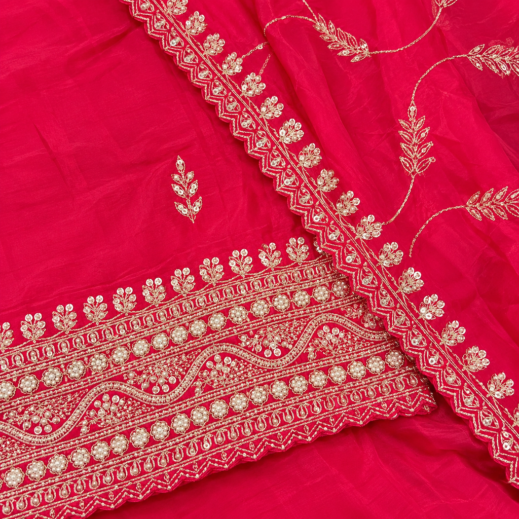 Multicolour Crepe Gold Embroidered Unstitched Dress Material Set