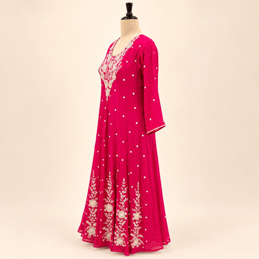 Rani Pink Floral Embroidered Chinon Anarkali Salwar Set with Dupatta