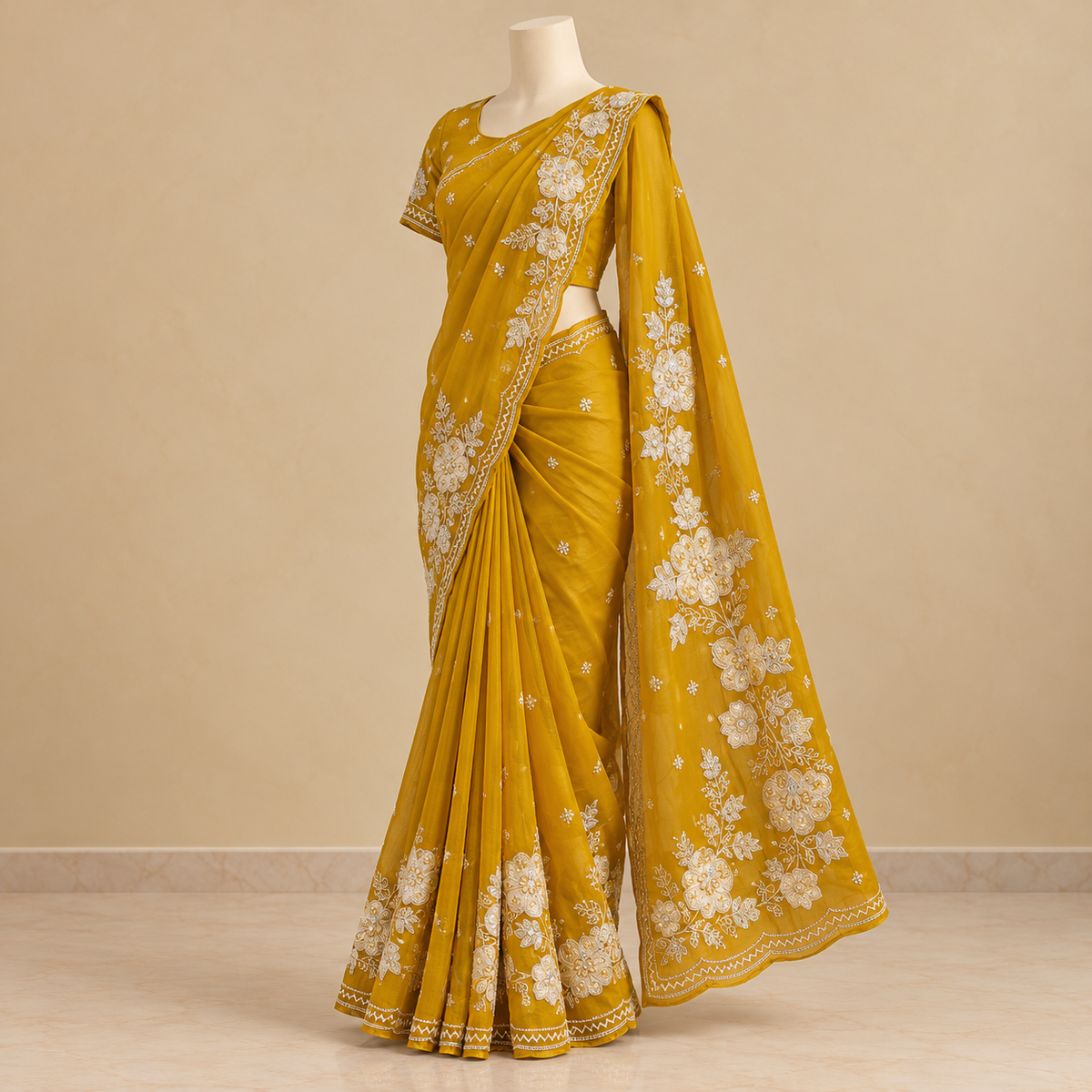Golden Organza Saree with Floral Embroidery