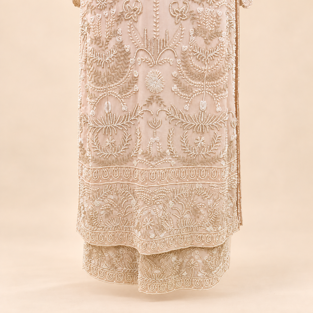 Ivory Cream Floral Embroidered Chinon Palazzo Salwar Set with Dupatta