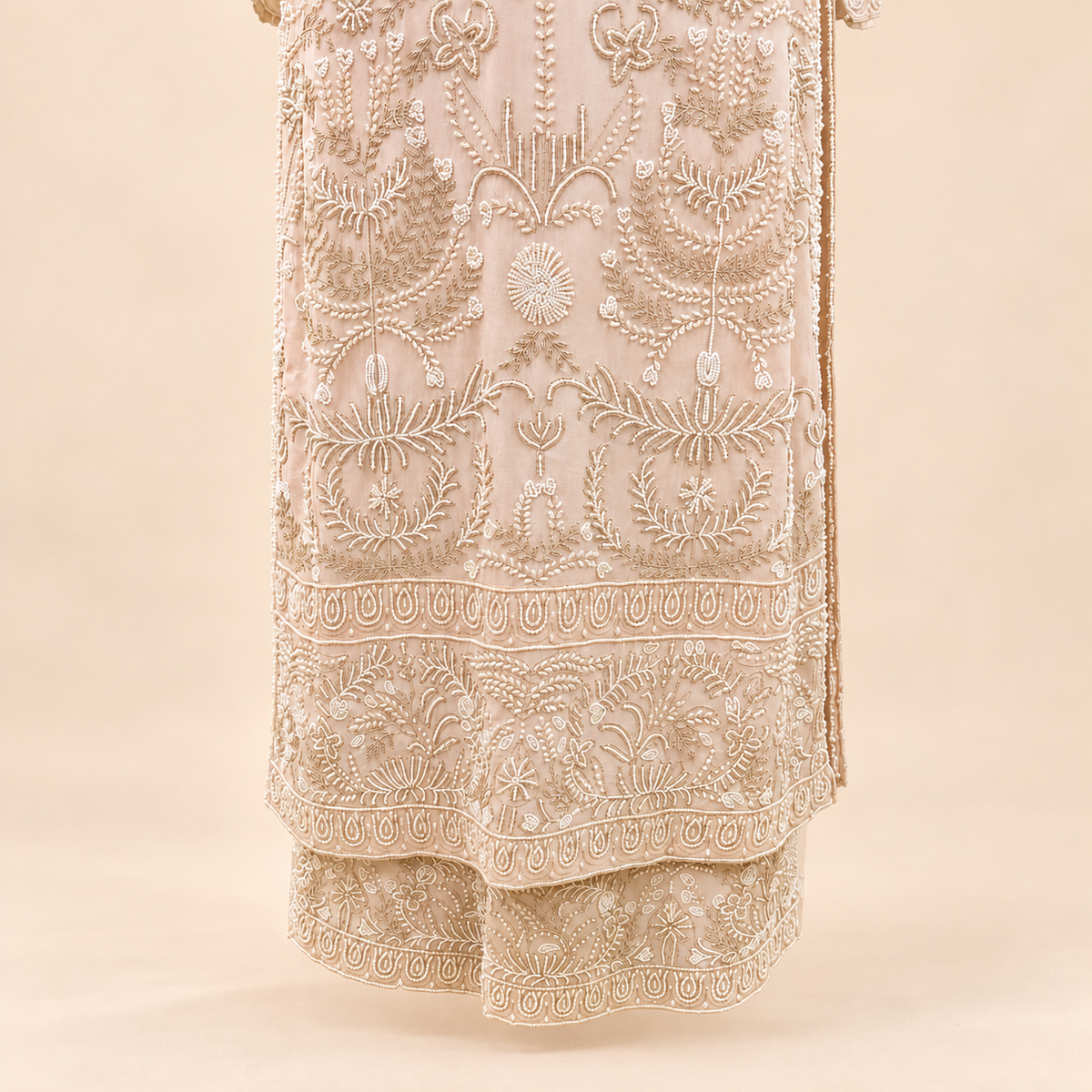 Ivory Cream Floral Embroidered Chinon Palazzo Salwar Set with Dupatta