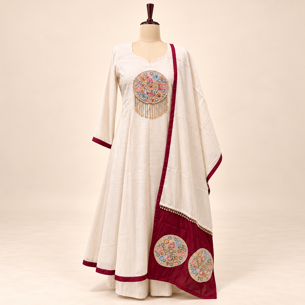 Ivory & Maroon Multicolour Floral Embroidered Cotton Anarkali Suit Set with Dupatta