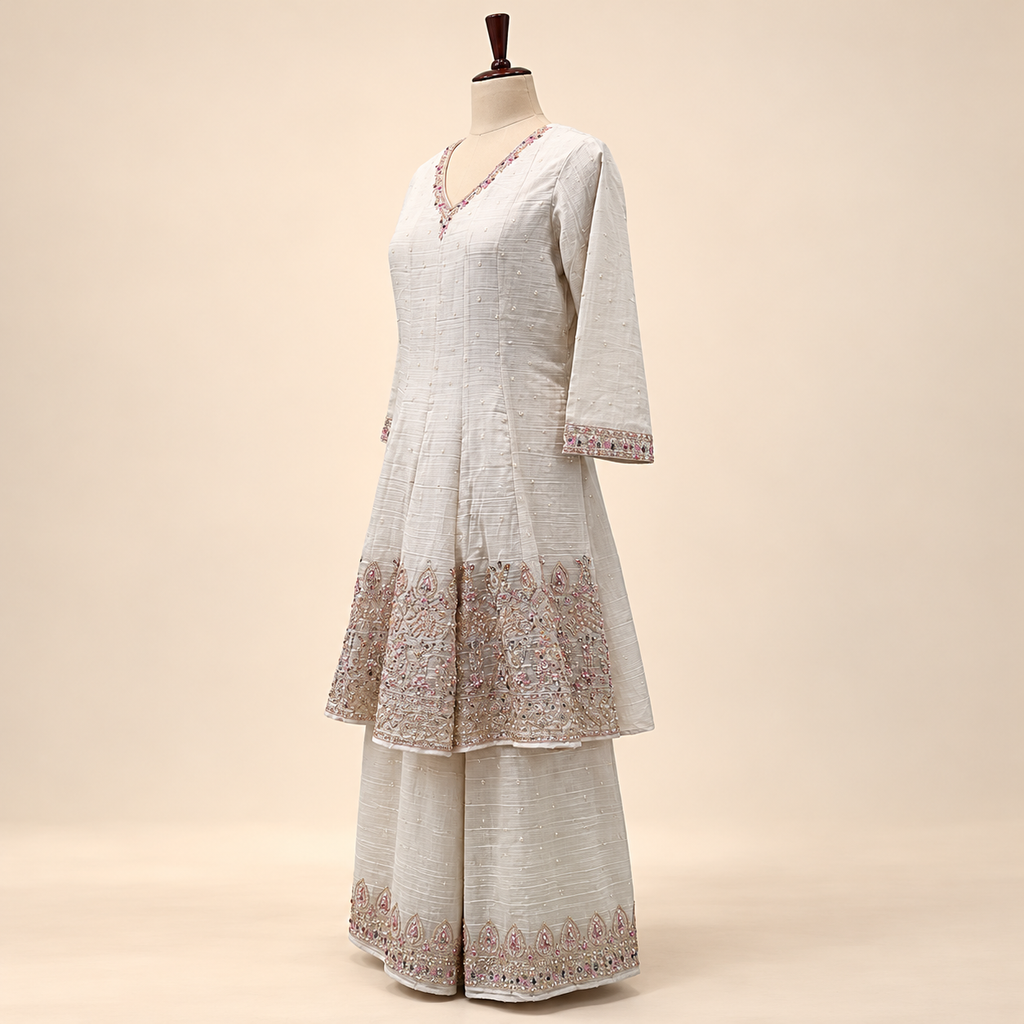 Cream Fendi Embroidered Palazzo Salwar Set