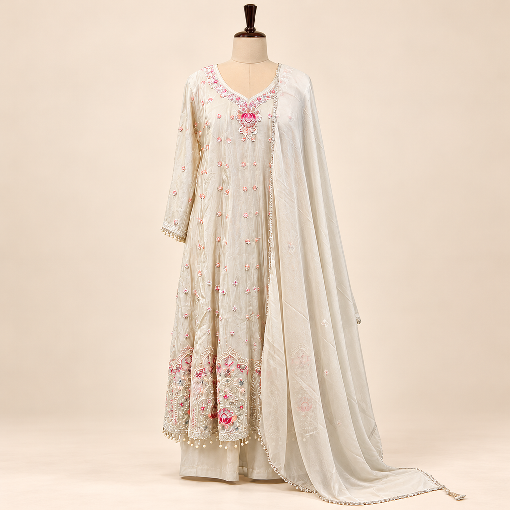 Elegant Cream Shimmer Embroidered Anarkali Set