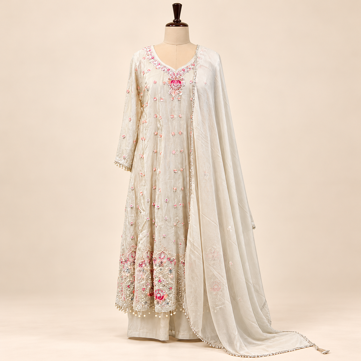 Elegant Cream Shimmer Embroidered Anarkali Set