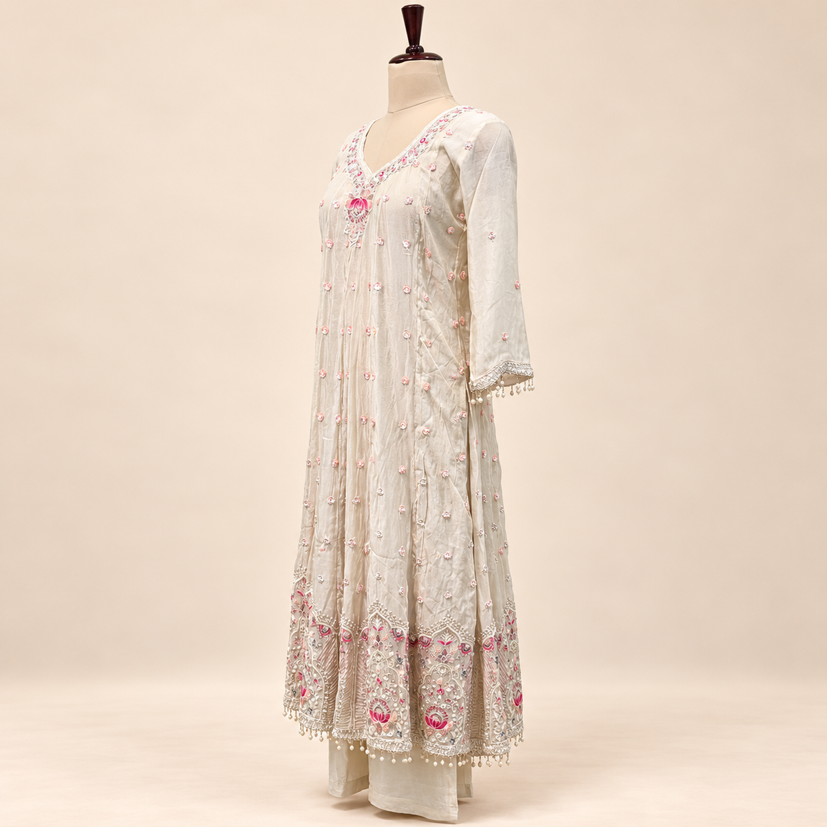 Elegant Cream Shimmer Embroidered Anarkali Set
