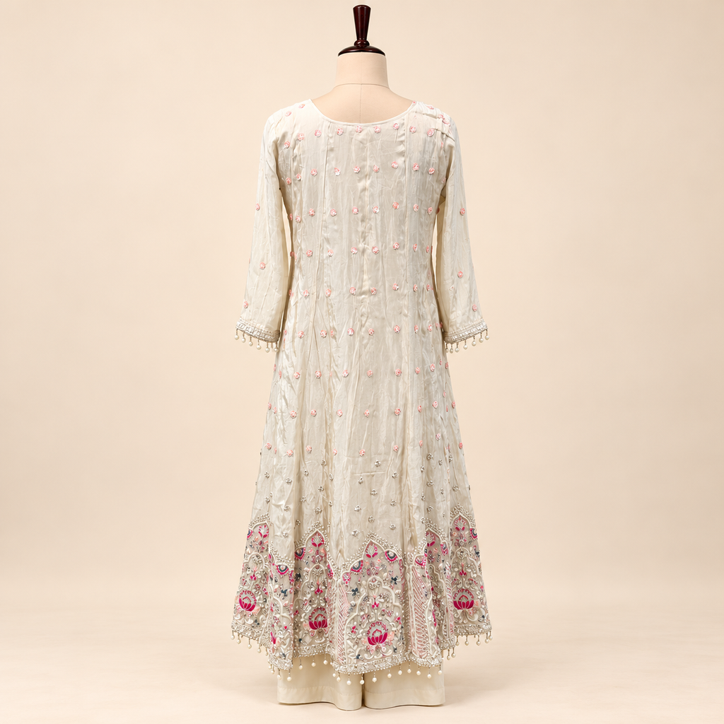 Elegant Cream Shimmer Embroidered Anarkali Set