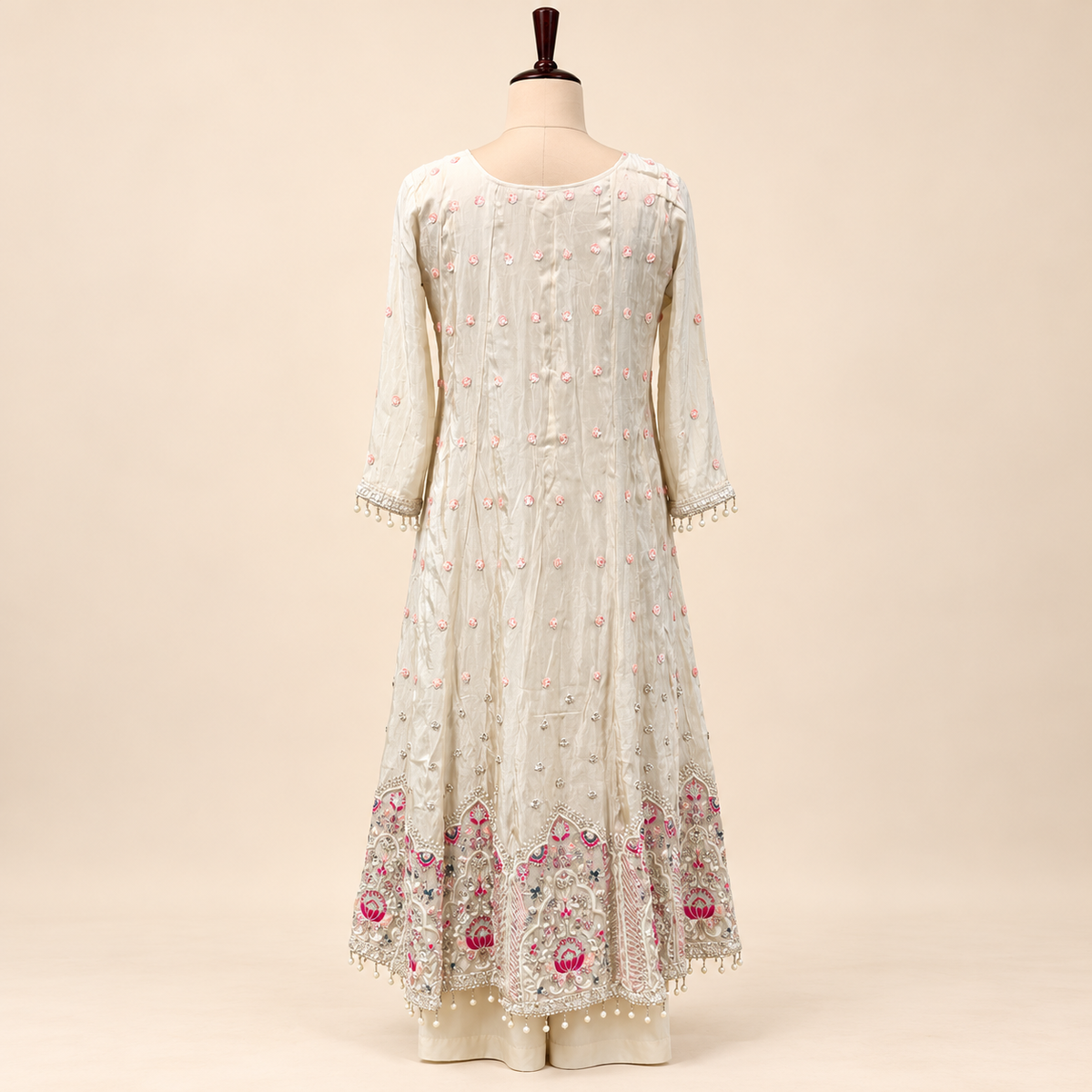 Elegant Cream Shimmer Embroidered Anarkali Set