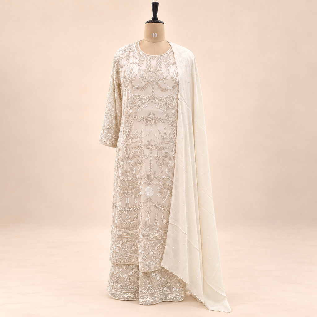 Ivory Cream Floral Embroidered Chinon Palazzo Salwar Set with Dupatta