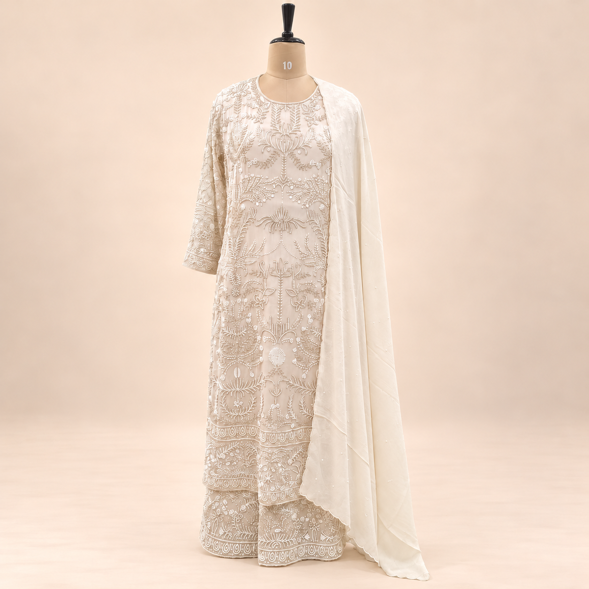 Ivory Cream Floral Embroidered Chinon Palazzo Salwar Set with Dupatta