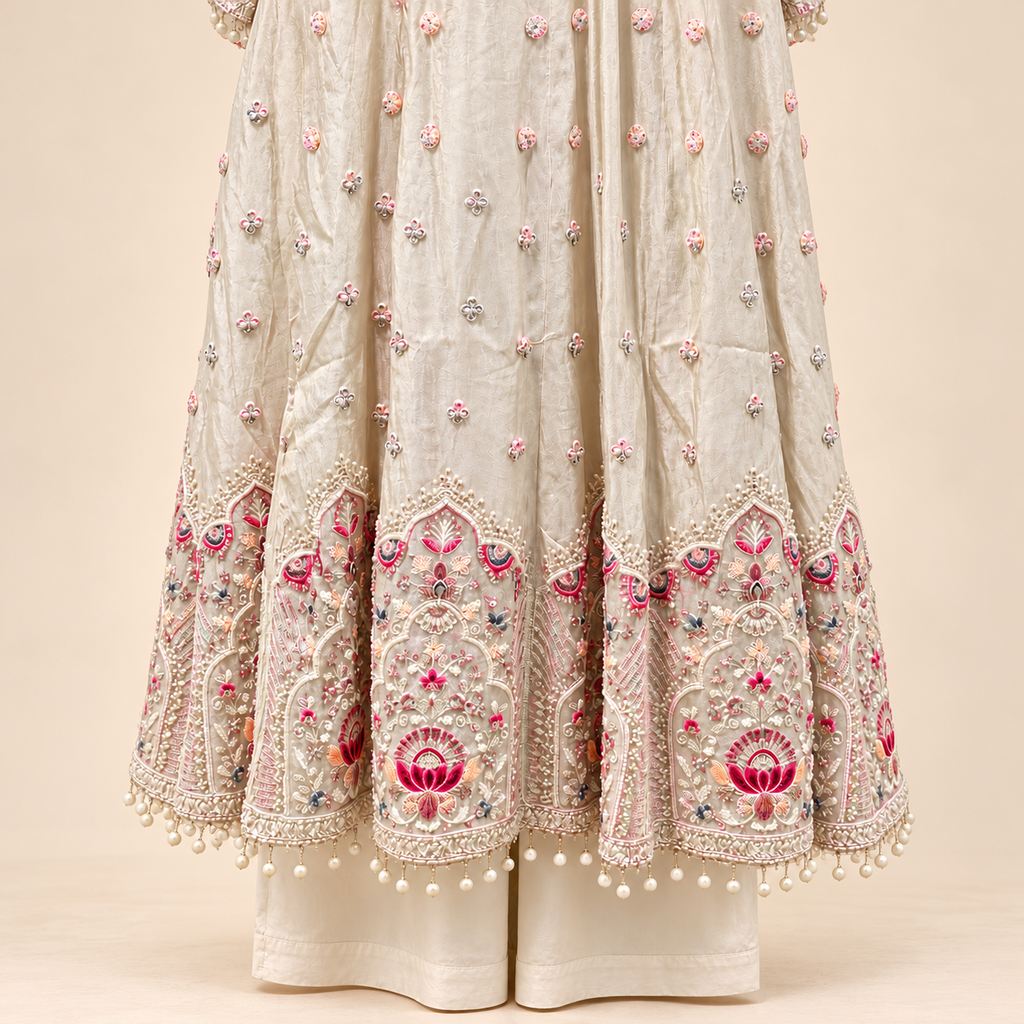 Elegant Cream Shimmer Embroidered Anarkali Set