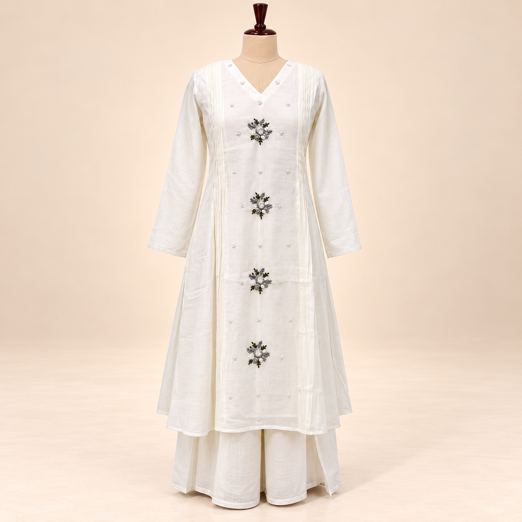 Elegant White Cotton Floral Embroidered Kurta Set